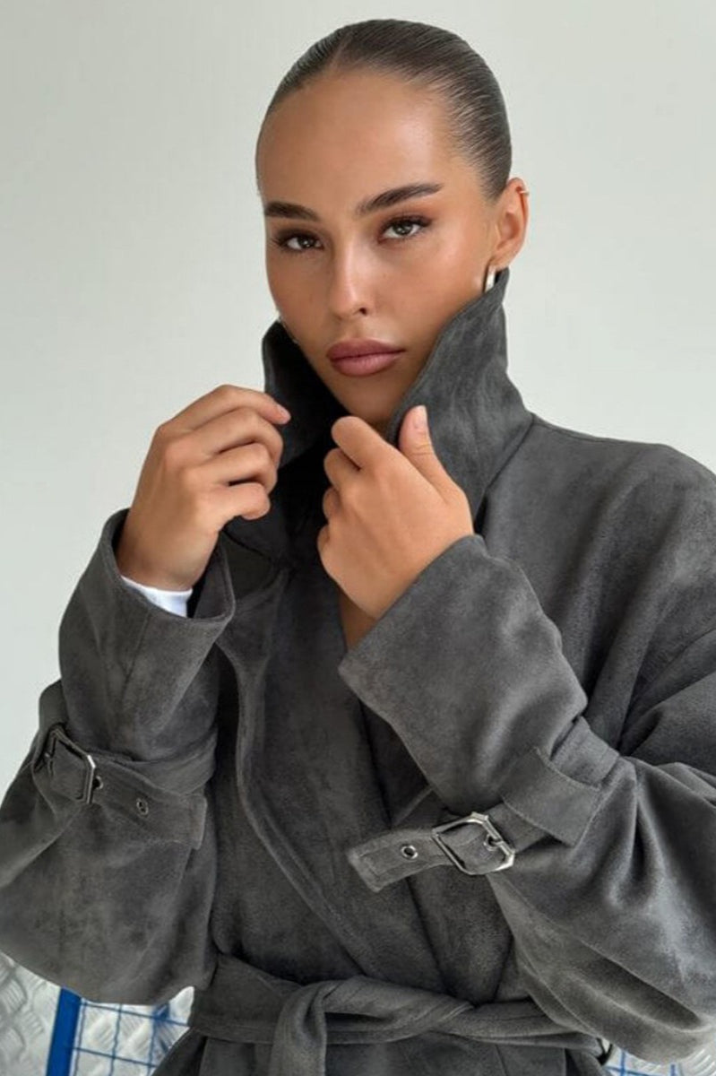 Vintage Suede Lapel Tie Waist Jacket Coat