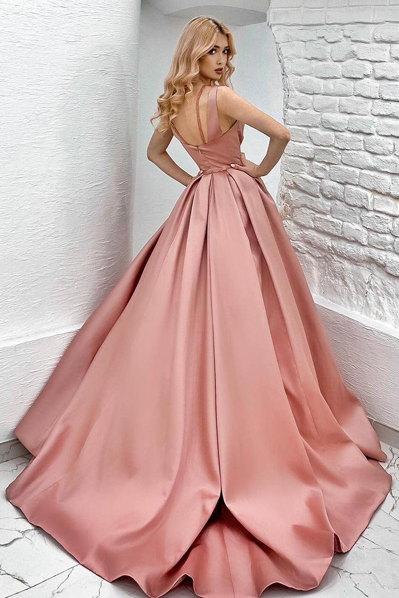 Pink Sequined Satin Ruched A Line Prom Evening Dress - Fashionpara