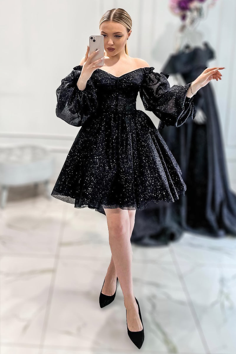 V Neck Glitter Long Sleeves Sequined Prom Dress - Fashionpara