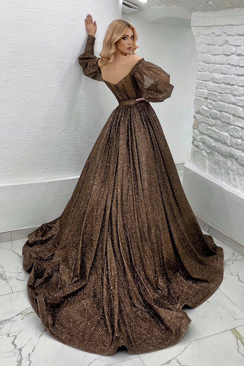 Off Shoulder Glitter Long Sleeves Bone Bodice Prom Evening Dress - Fashionpara