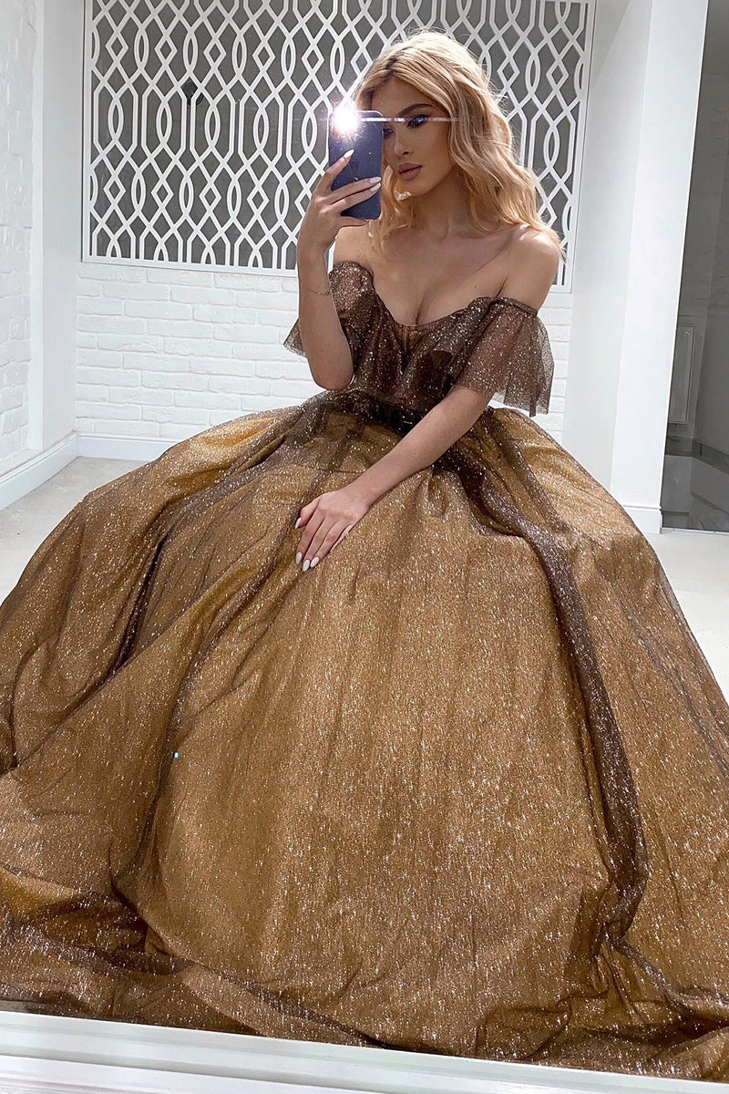 Glitter Off Shoulder Bone Bodice Sequin A Line Evening Gown - Fashionpara