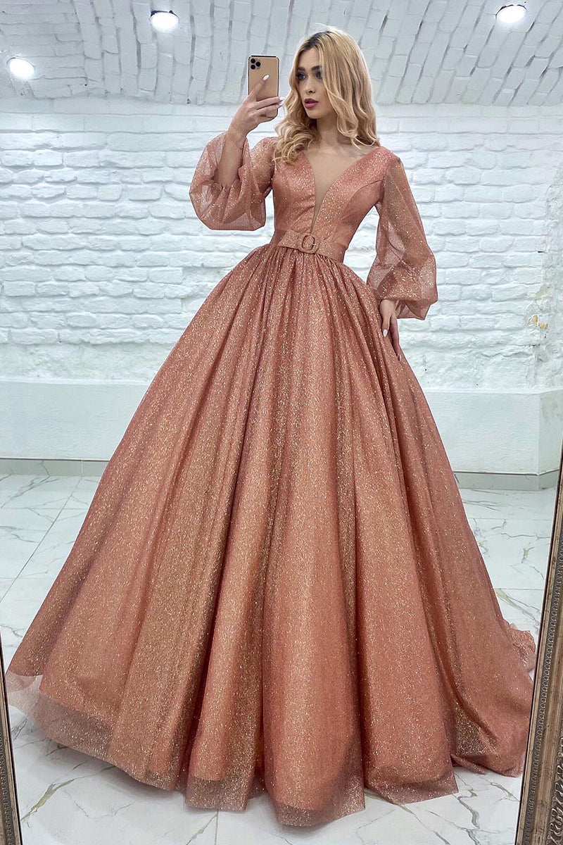 Blush Pink Long Sleeves Illusion V Neck A-Line Sequined Prom Gown - Fashionpara