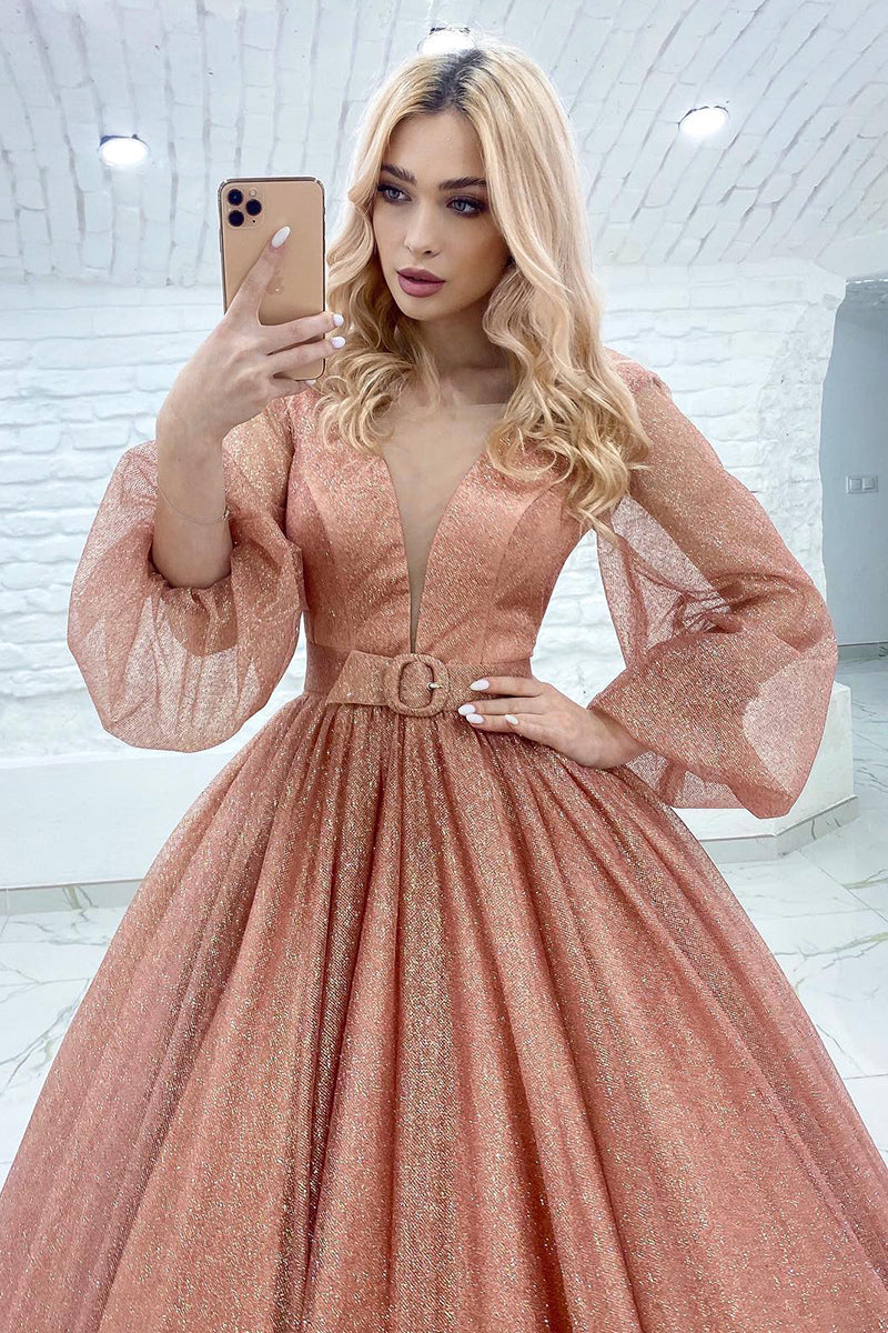 Blush Pink Long Sleeves Illusion V Neck A-Line Sequined Prom Gown - Fashionpara