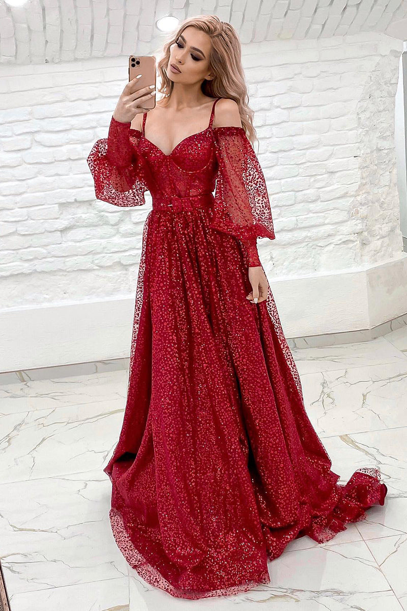 Spaghetti Sleeves Sequined Red Prom Gown With Sweep Train - Fashionpara