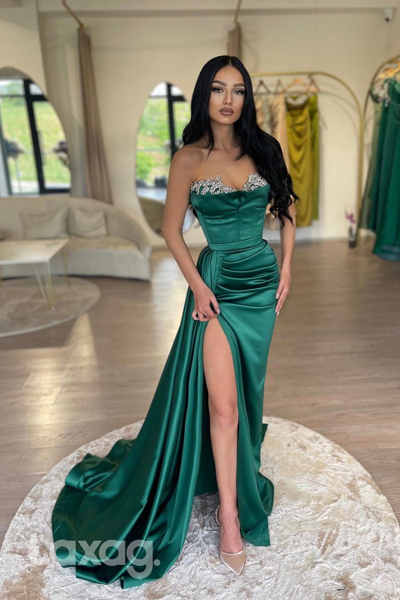 Sweetheart Crystal Beaded Ruched Evening Dress With High Slit - Fashionpara