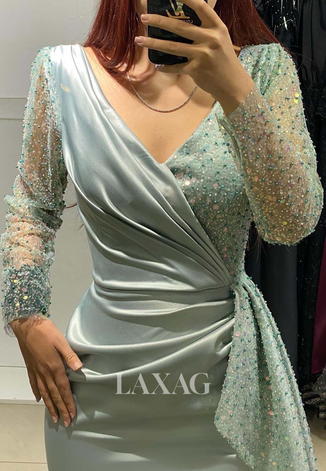 V-Neck Beaded Sequined Satin Party Gowns Long-Sleeves Pleated Mermaid Prom Dress - Fashionpara