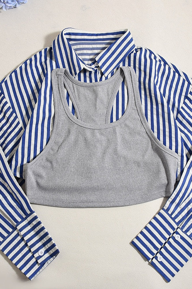 Striped Crop Shirt Two Piece Blouse - Fashionpara