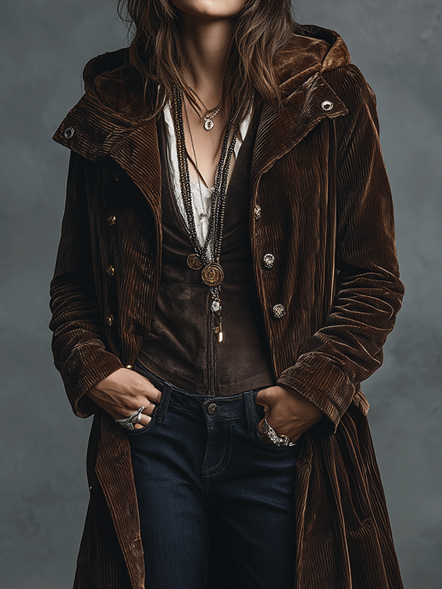 Vintage Brown Velvet Long Hooded Coat