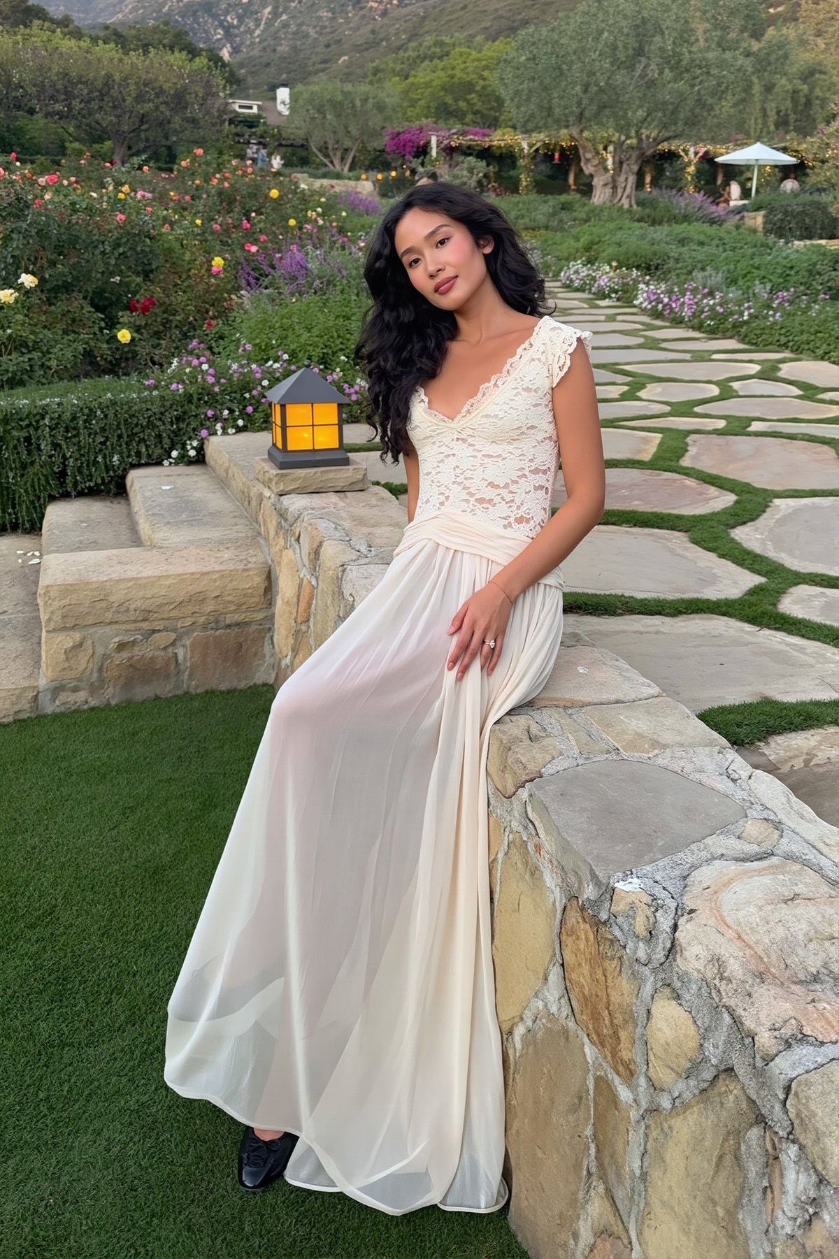 Lace Bodice Off Shoulder Chiffon Maxi Bridal Gown