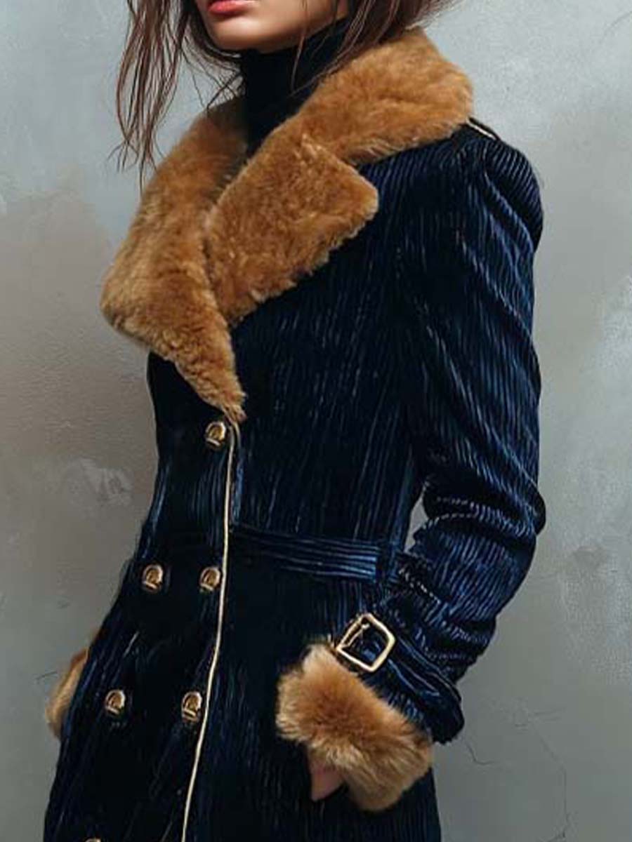 Navy Blue Vintage Eleganc Velvet Long Coat With Faux Fur Collar