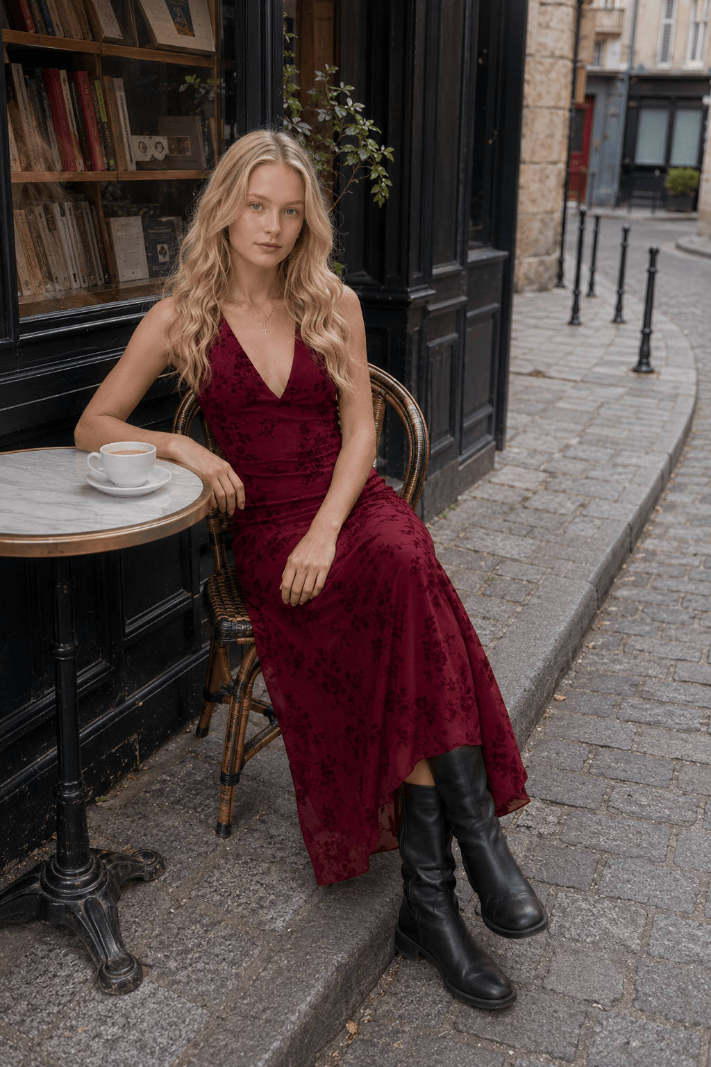 Floral Deep V-Neck Halter Neck Ruched Maxi Dress