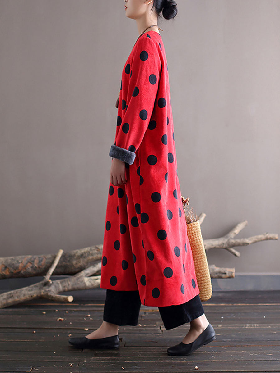 Polka Dot Corduroy Crew Neck Long Sleeve Oversized Midi Dress - View 5
