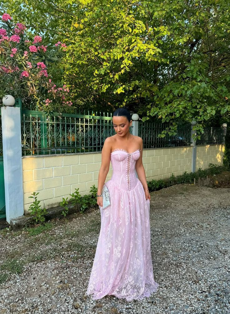 Glamorous Sweetheart Neck Pink Lace A-Line Long Prom Dress Evening Dresses D1499