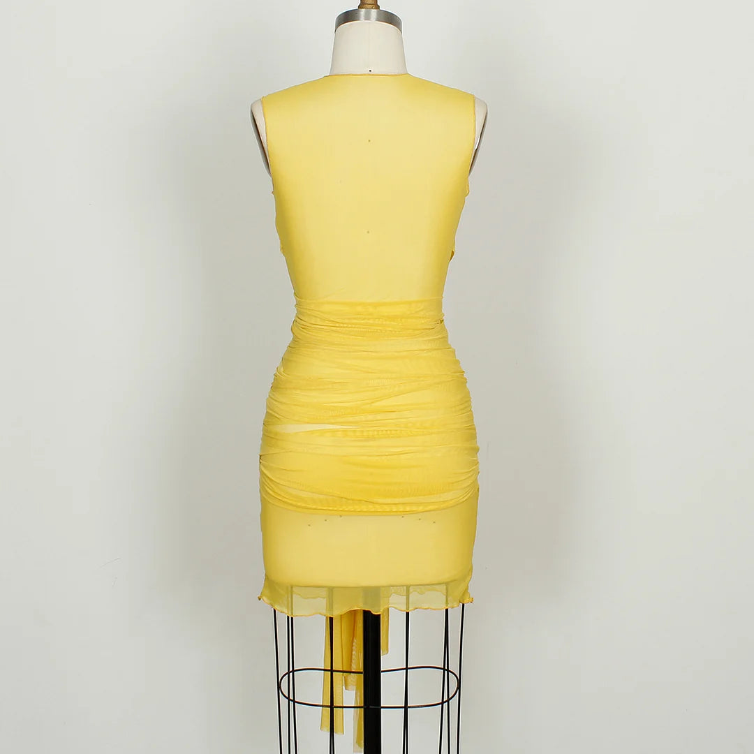 Sheer Mesh Wrap Tie Ribbon Mini Dress - Fashionpara