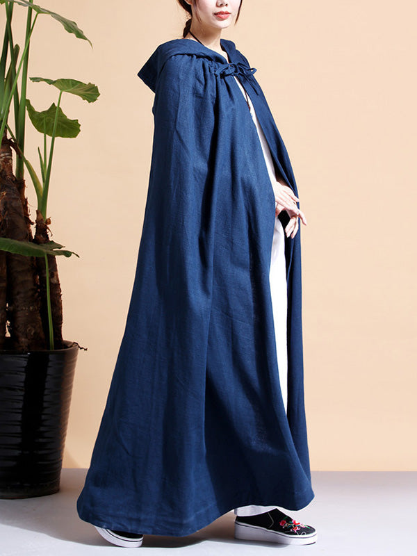Solid Color Hooded Linen Cape Coat 13