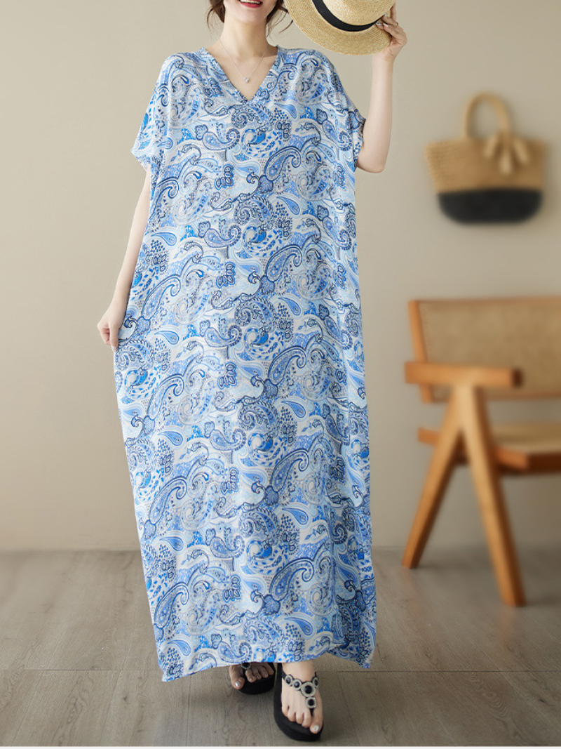 Paisley Print V-Neck Short-Sleeve Cocoon Maxi Dress 6