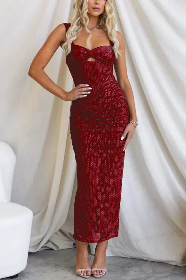 Sweetheart Twist Front Sheer Midriff Ruched Mesh Bodycon Maxi Dress - View 20