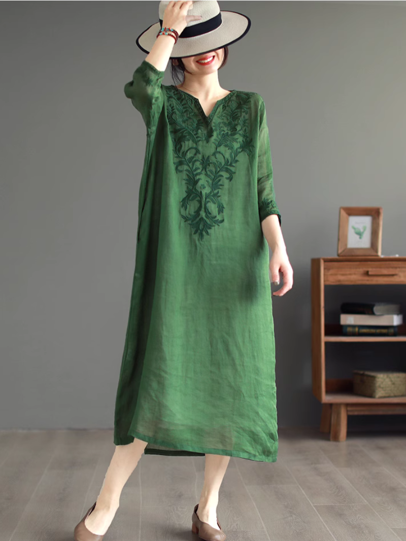Embroidered Linen Notch-Neck Long-Sleeve Shift Midi Dress