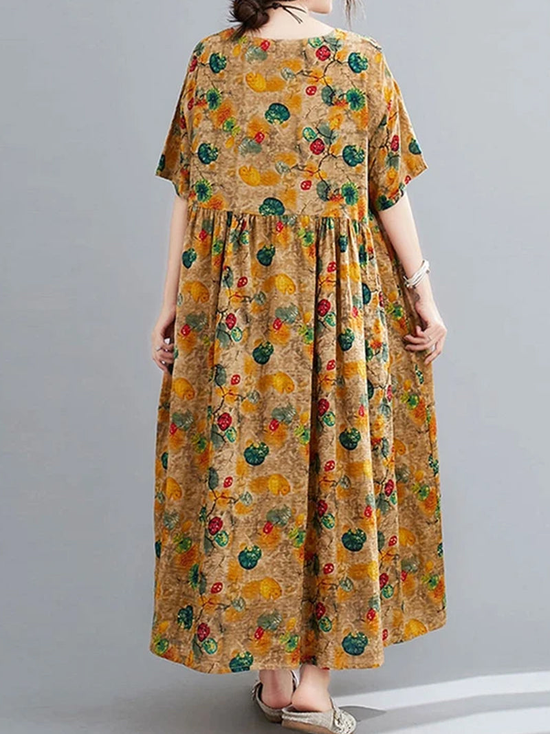 Floral Round Neck Short-Sleeve Smock Maxi Dress 2