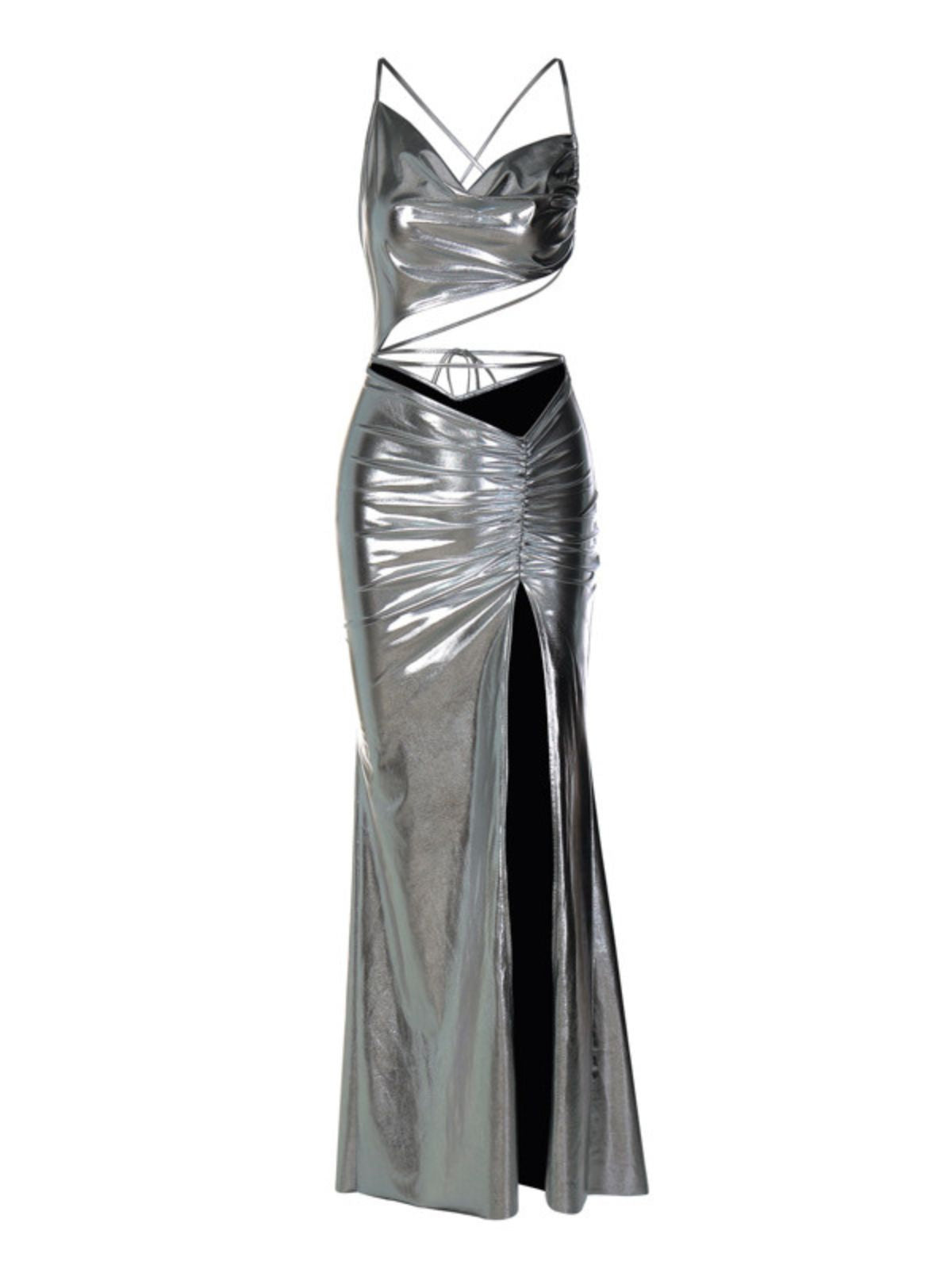 Metallic Cowl-Neck Strappy Cutout High-Slit Maxi Dress 6