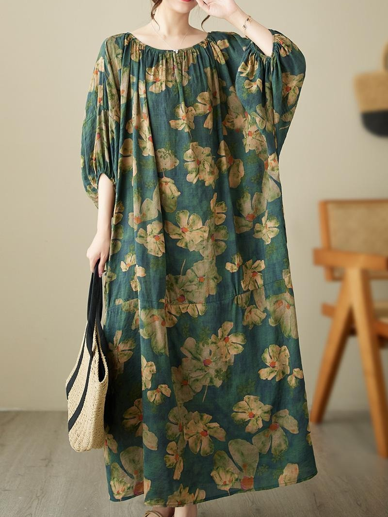 Abstract Floral Round Neck Lantern-Sleeve Loose Maxi Dress 6