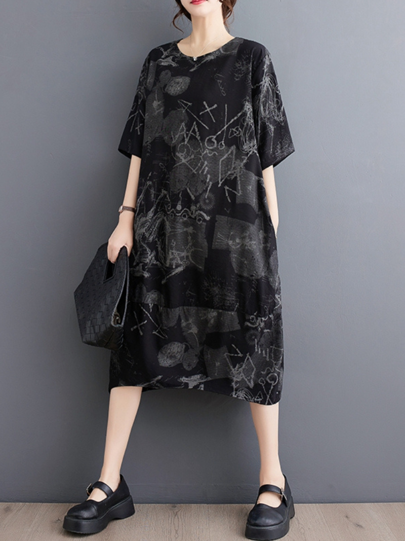 Down To Earth Round Neck Short Sleeves Midi Dress - Fashionpara