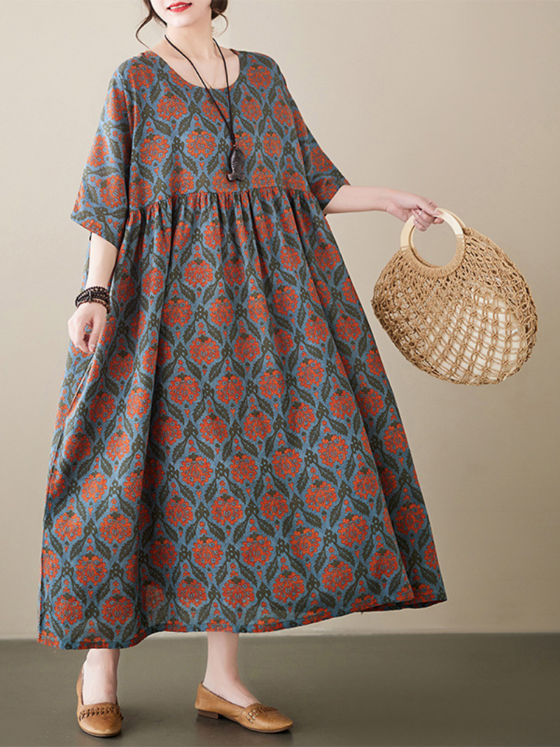 Damask Floral Round Neck Short Sleeve Smock Maxi Dress 5