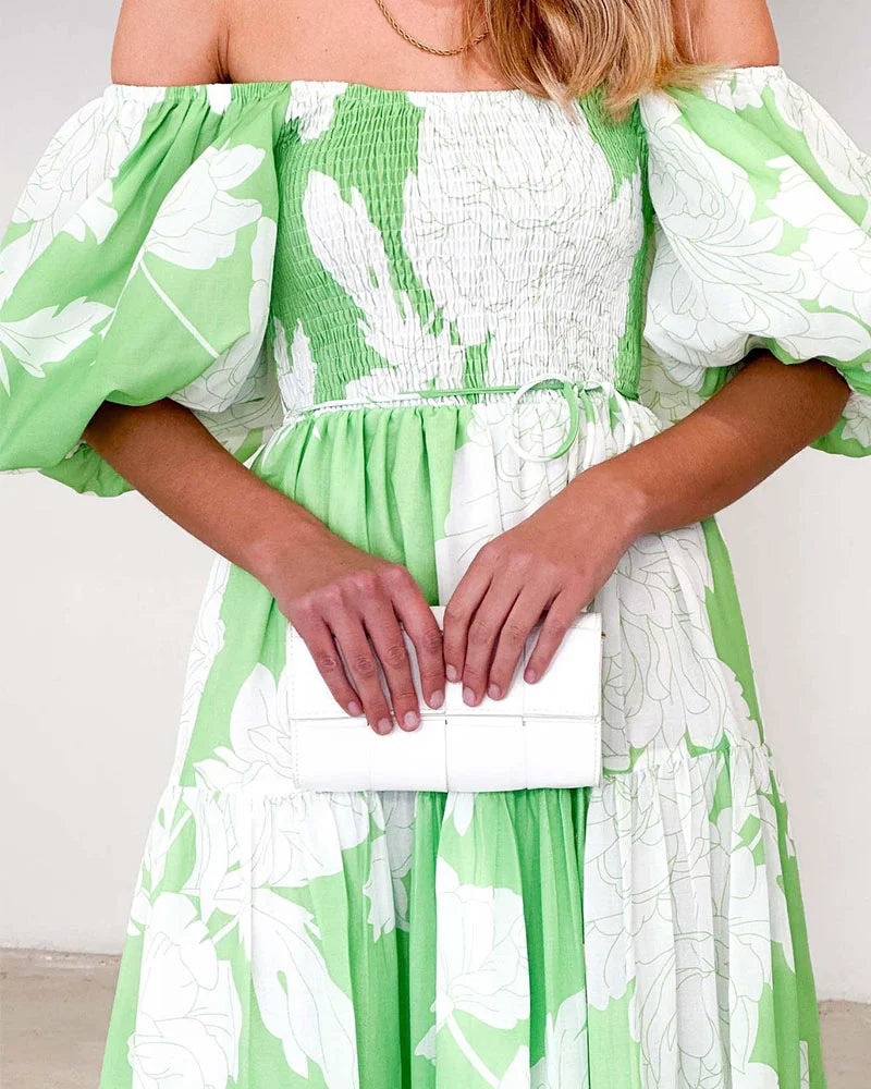 Elegant printed one-shoulder puff-sleeve dress - Fashionpara