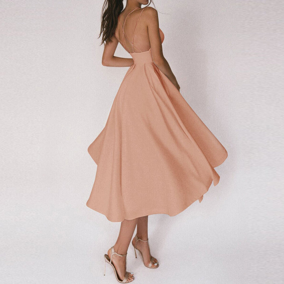 Spaghetti Strap Cross Back Open Back Fit and Flare Midi Cocktail Dress