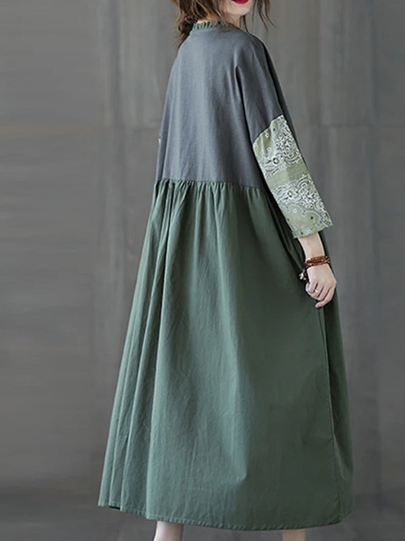 Paisley Patchwork Stand Collar Pleated Smock Midi Dress 5