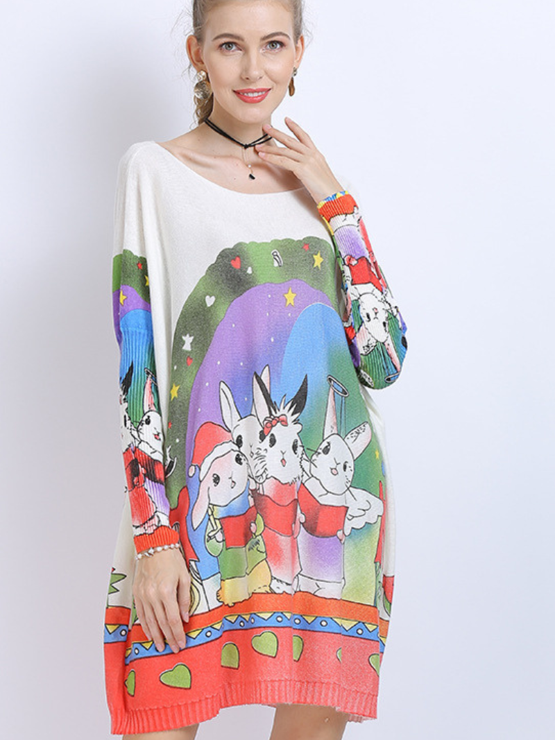 Large Size midi length Sweater Neck Rabbit Print Knit Sweater Tops - Fashionpara