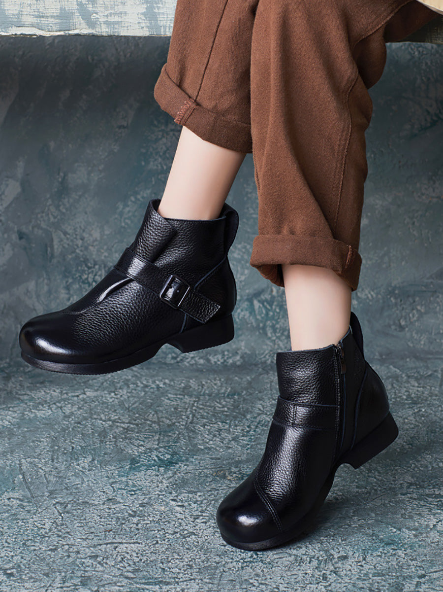 Vintage Autumn Soft Leather Buckle Low Heel Boots