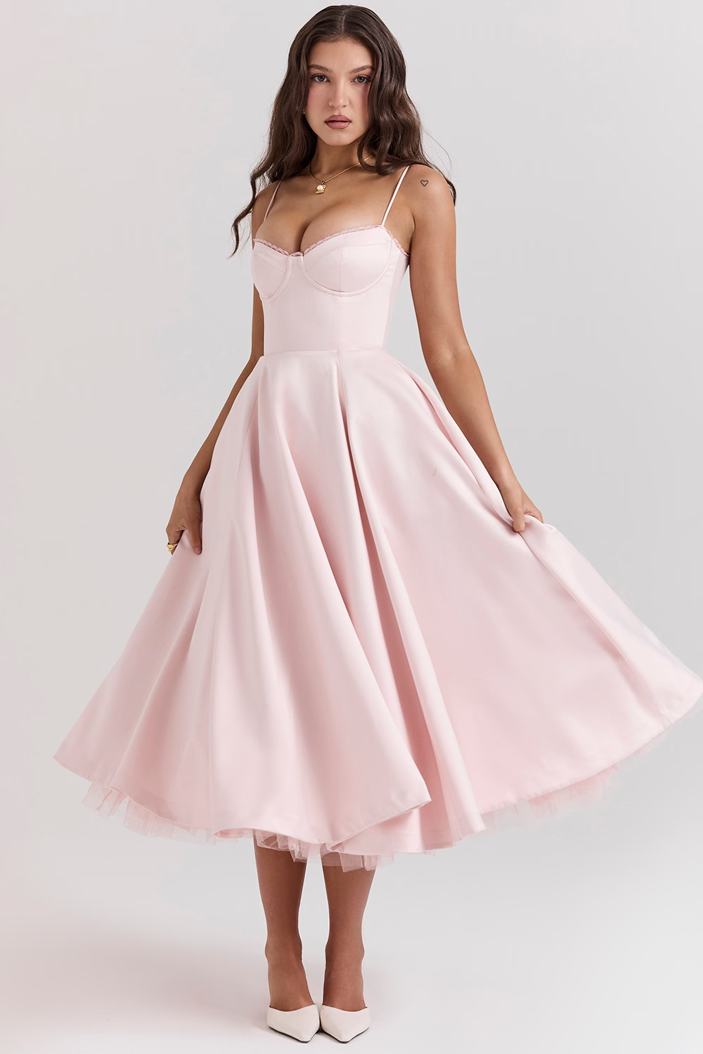 Spaghetti Strap Sweetheart Lace Trim Corset A-Line Midi Dress - View 5