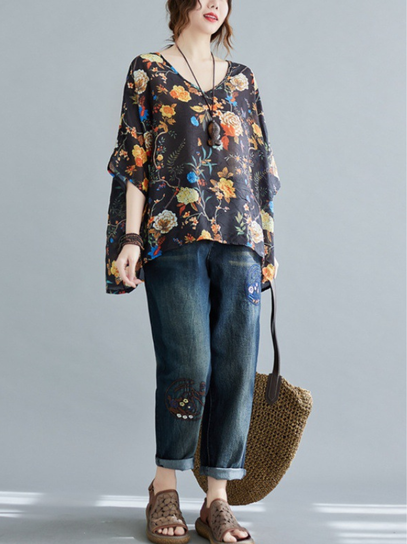My Heart Big Flower Loose Tops - Fashionpara