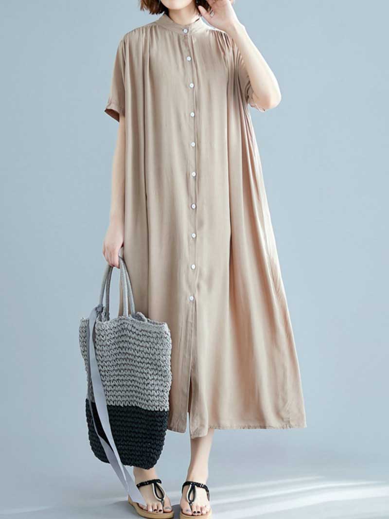 Long Cotton Front Button Cotton Shirt Dress (White - Black - Grey- Apricot) - Fashionpara