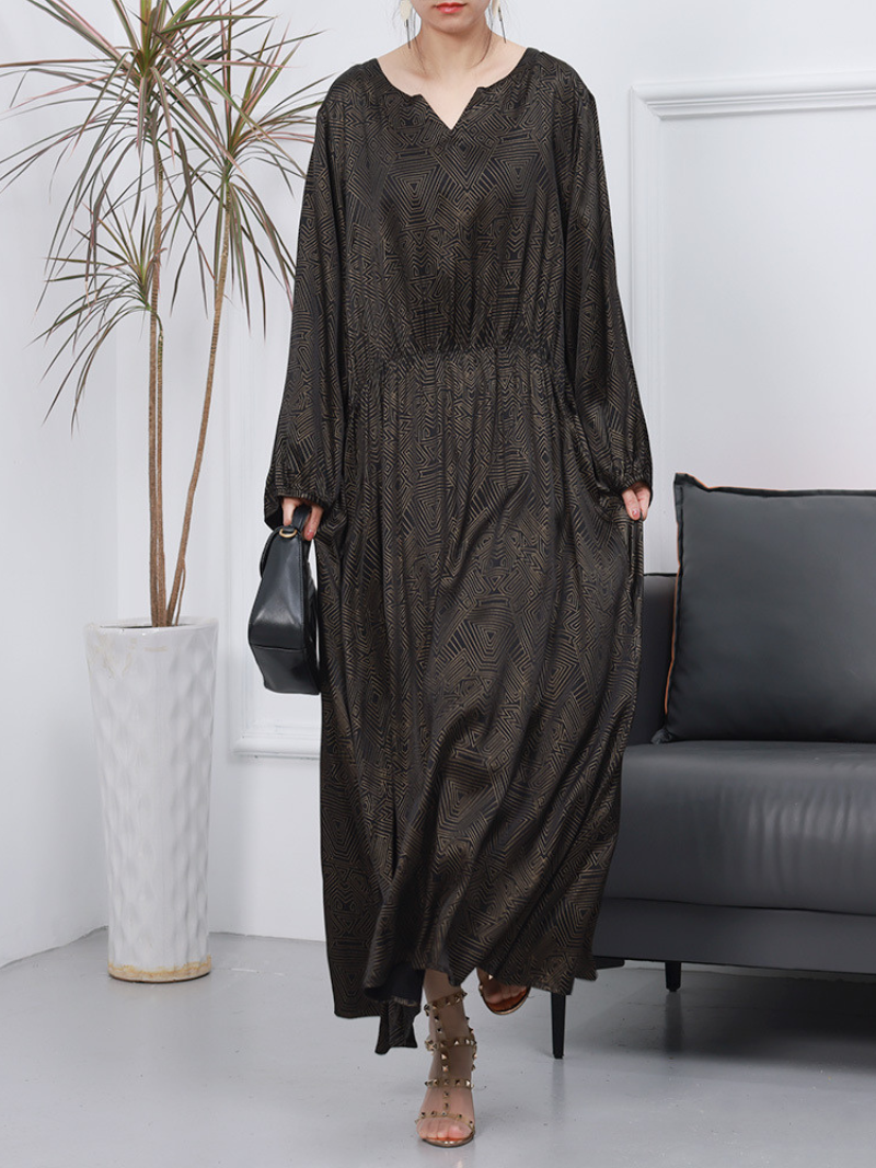 Womnen's Spring Loose Stylish V-Neck Long A-Line Dress - Fashionpara
