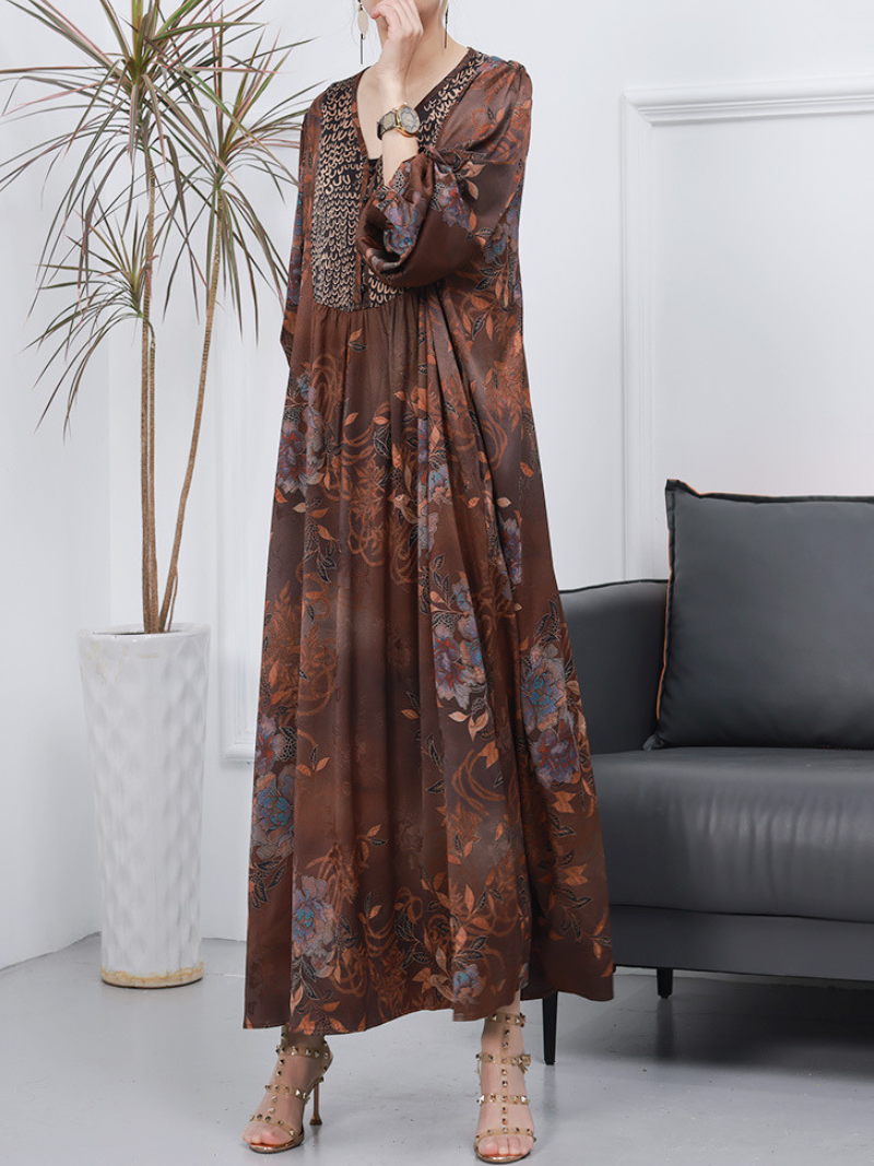 Women Retro Style Loose Printed Long Sleeves A-Line Dress - Fashionpara
