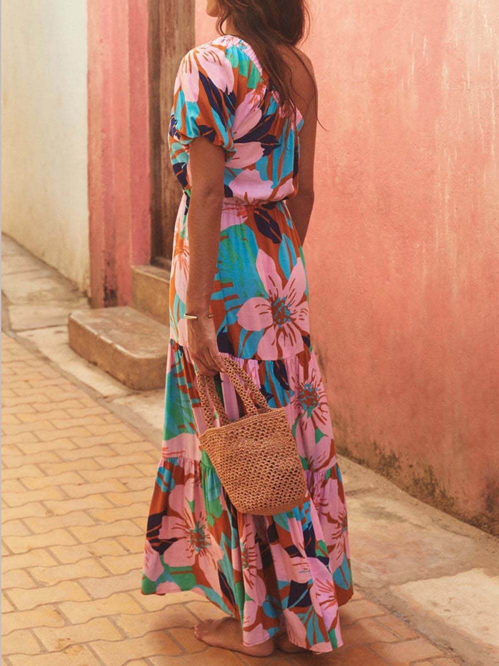 Palm Leaf Print Off-Shoulder Holiday Style Floral Dress - Fashionpara