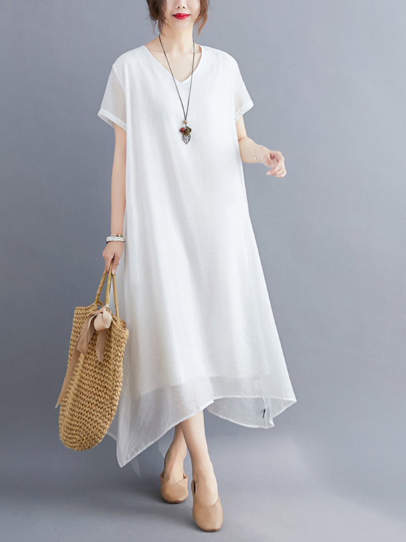 Linen V-Neck Short-Sleeve Layered A-Line Midi Dress