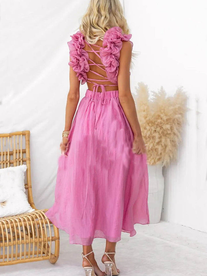 Floral Ruffle Detail Back Lace-Up Elastic Waist Maxi Dress - Fashionpara