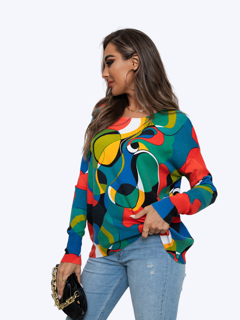 Autumn Large Size Printed Knitted Loose Pullover Round Neck Mid-Length Top 4