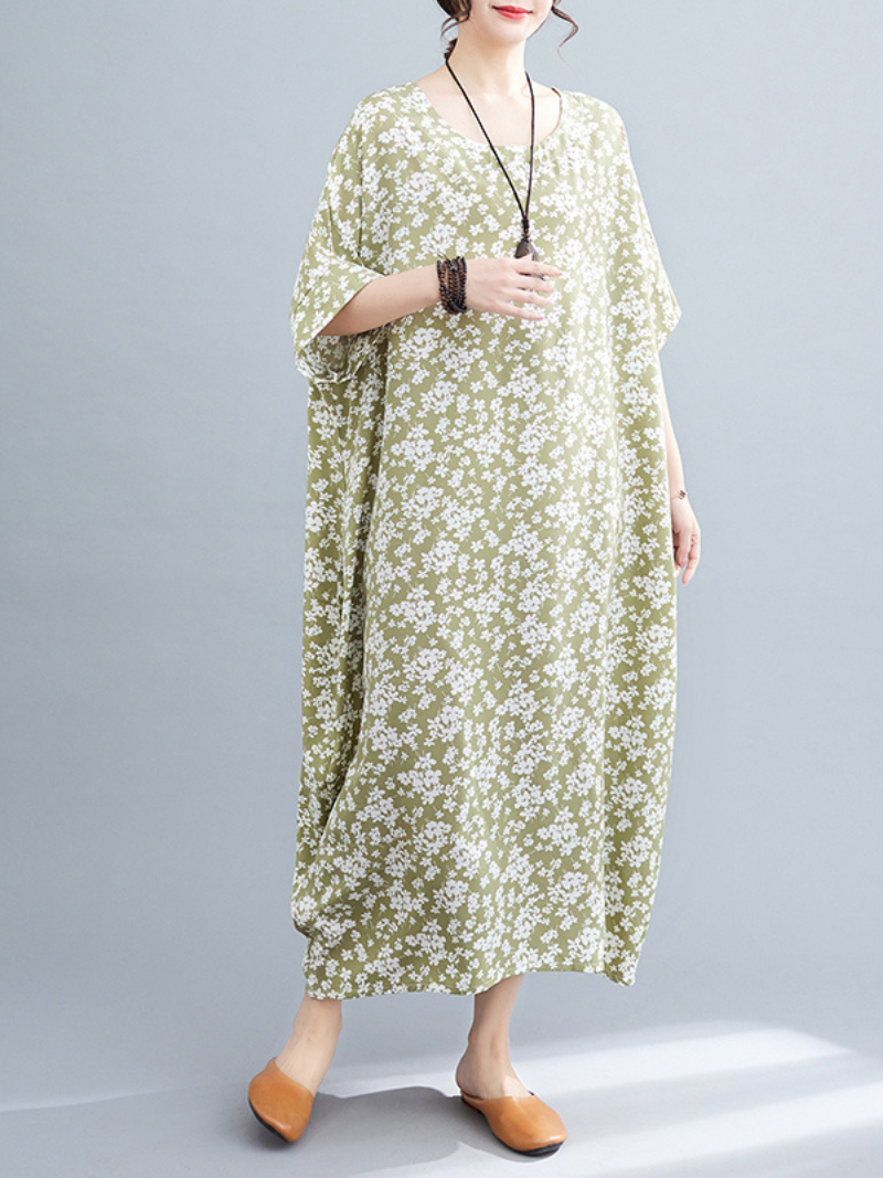 Ditsy Floral Round-Neck Batwing-Sleeve Loose Maxi Dress