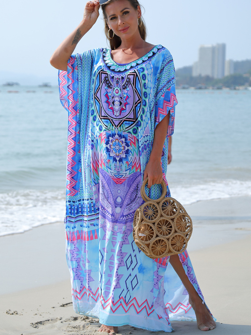 Placement-Print Scoop-Neck Batwing Kaftan Maxi Dress