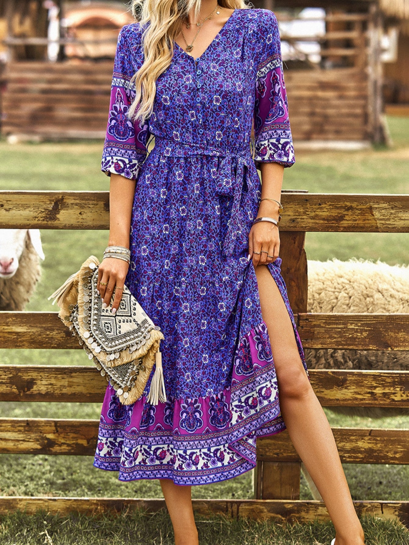 Pink A Line Floral Long Boho Dress - Fashionpara