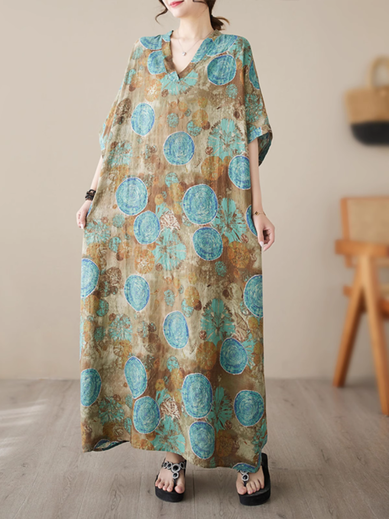 Medallion Print V-Neck Short-Sleeve Kaftan Maxi Dress 2