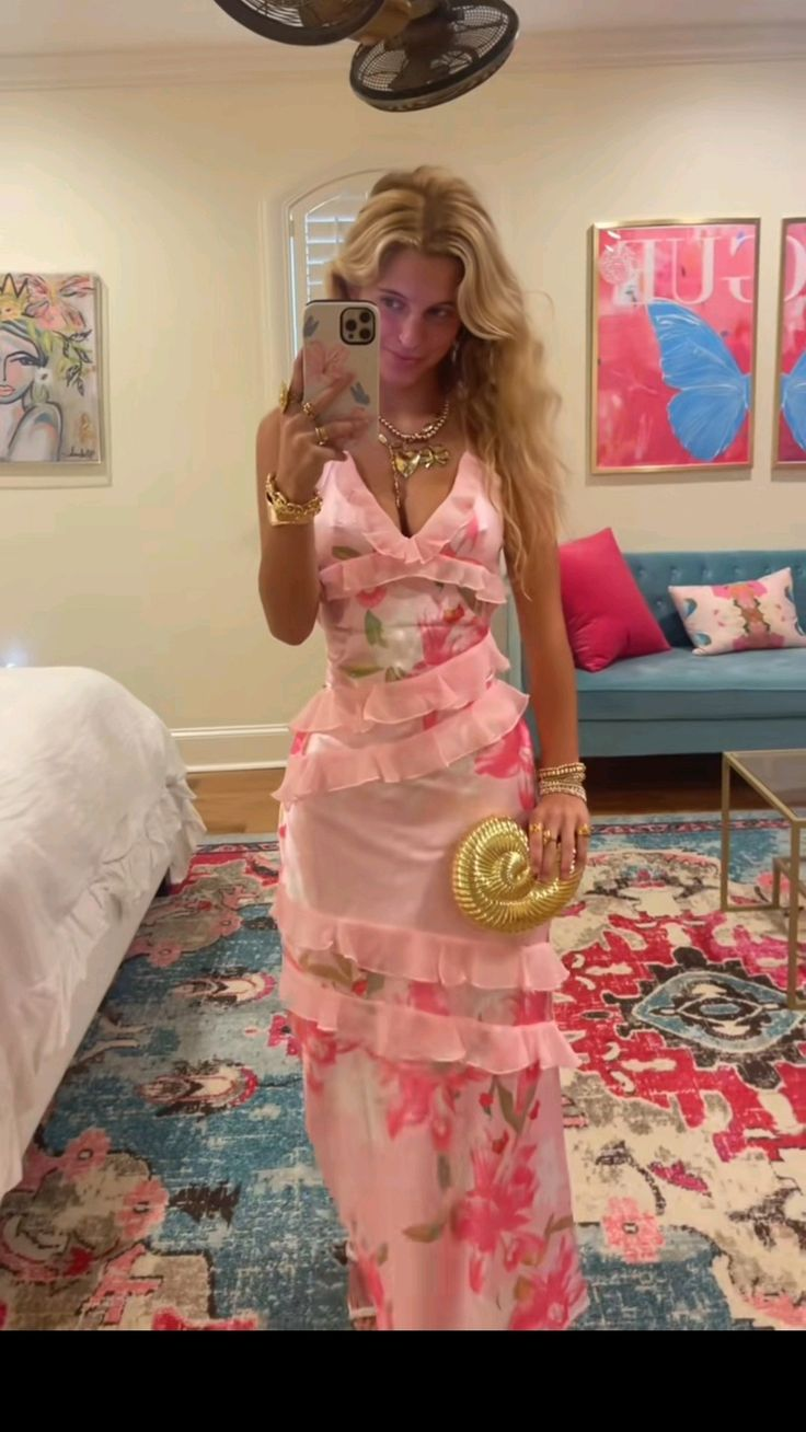 V Neck Pink Flora Prom Party Dress Evening Dress 21st Birthday Outfit - Fashionpara