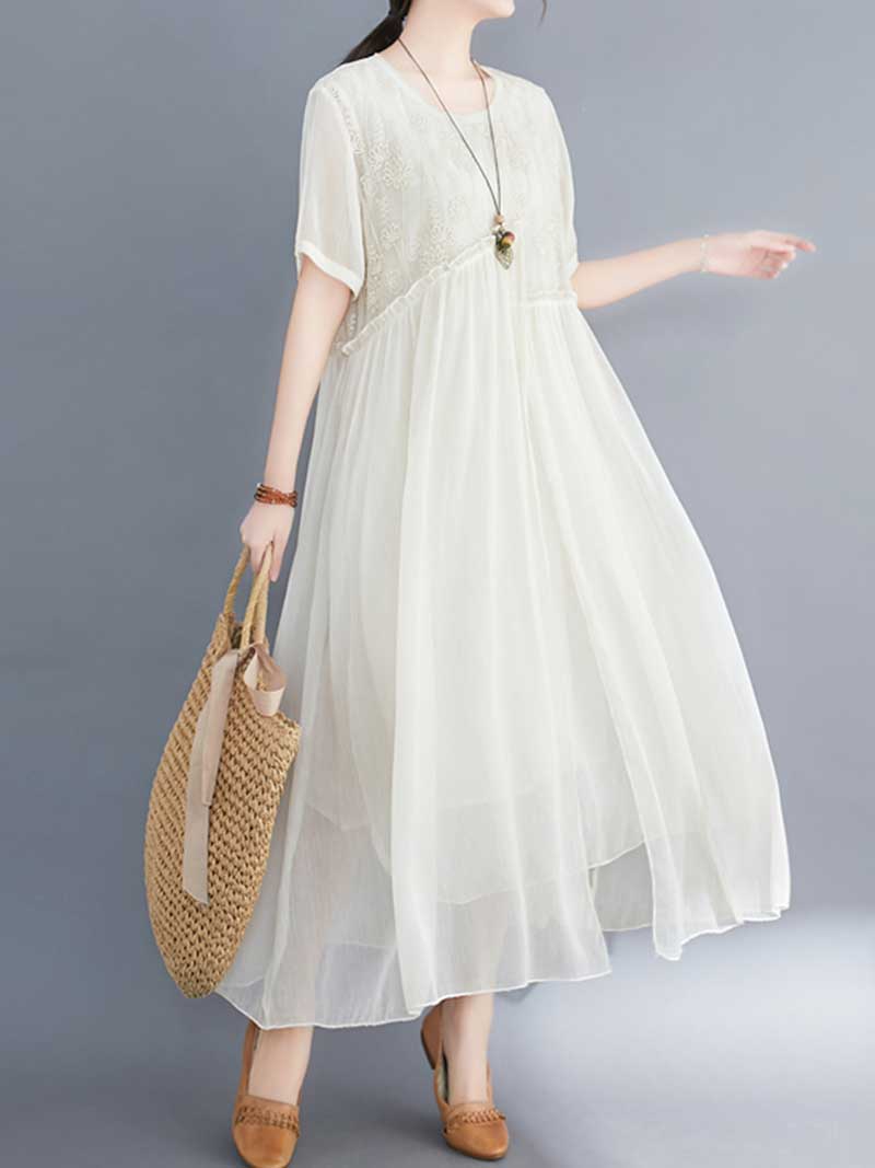 Embroidered Silk Round-Neck A-Line Dress - Fashionpara