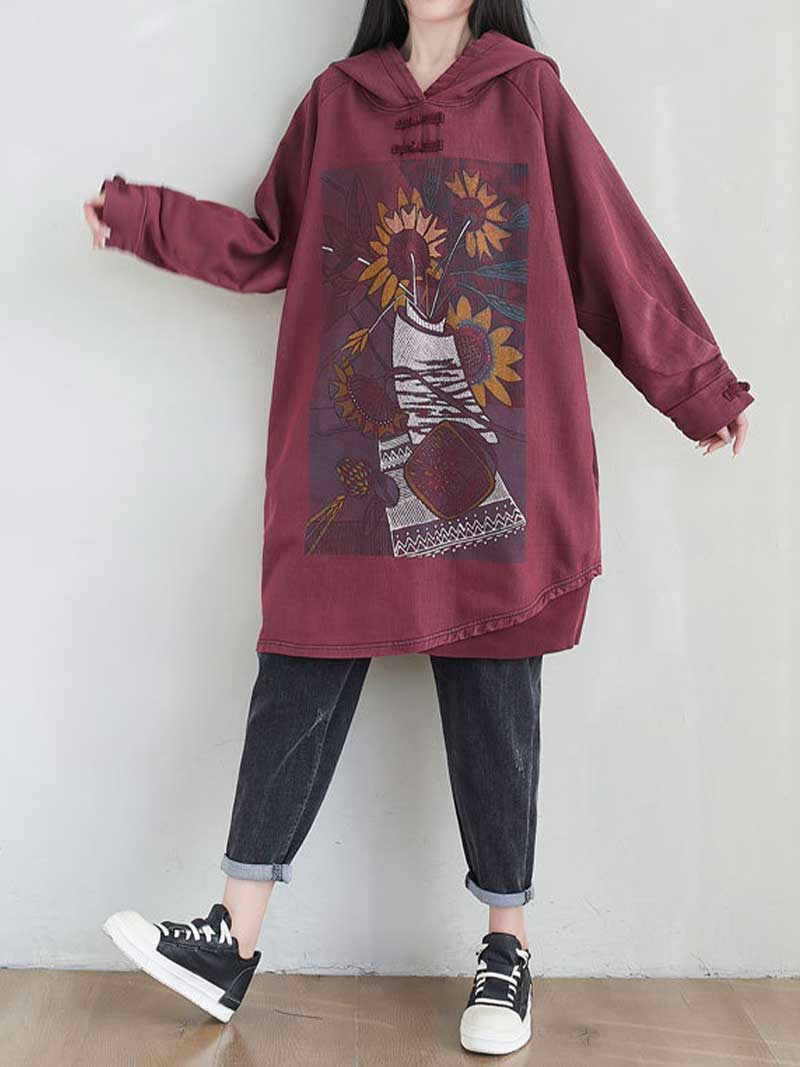 City Of Stars Floral Print Hooded Sweater Midi Dress - Fashionpara