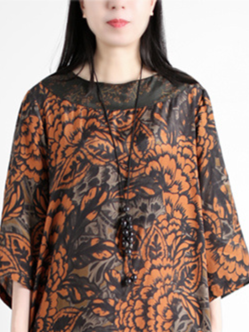 Floral Damask Round-Neck Batwing Loose A-Line Maxi Dress 4