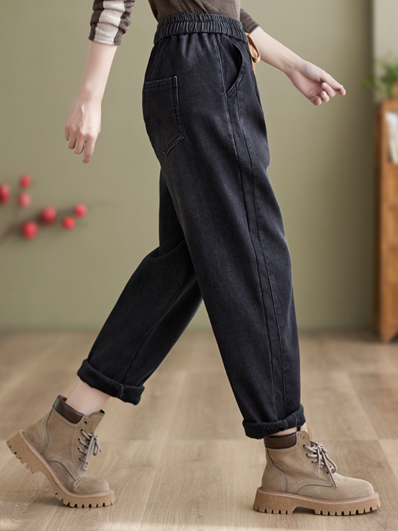 Winter Velvet Thickened Jeans Elastic waist Tied Harem Pants - Fashionpara